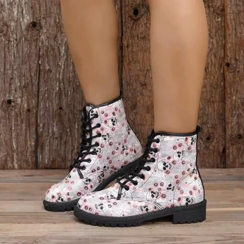 Pastel Skull Rose Sketch Graphic Pattern White Women's Boots